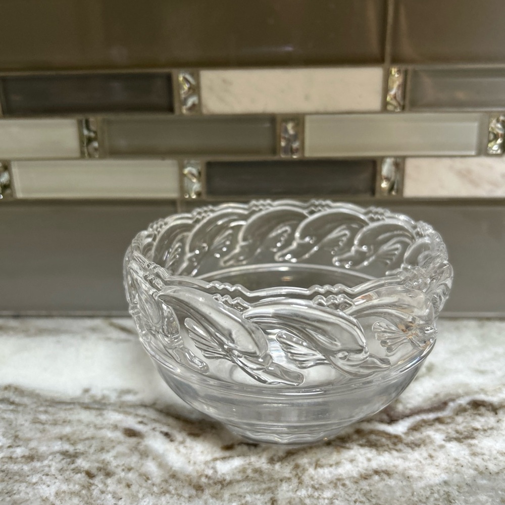 VINTAGE TIFFANY & CO. Crystal Dolphin Bowl Signed & dated .5 inch logo on bottom